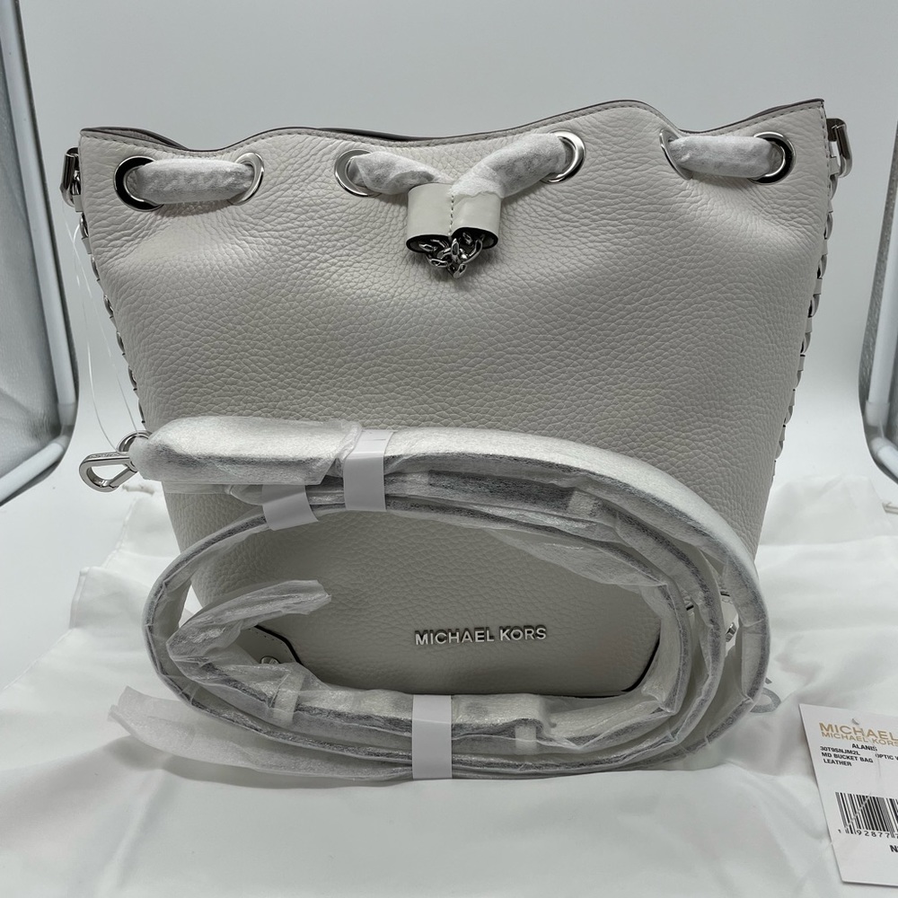 Michael Kors Bucket Alanis Medium Pebbled Optic White Leather Cross Body Bag